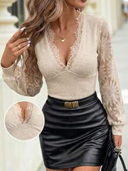 Editum Women's Apricot Elegant V-Neck Long Sleeve Lace Trim Fitted T-Shirt
