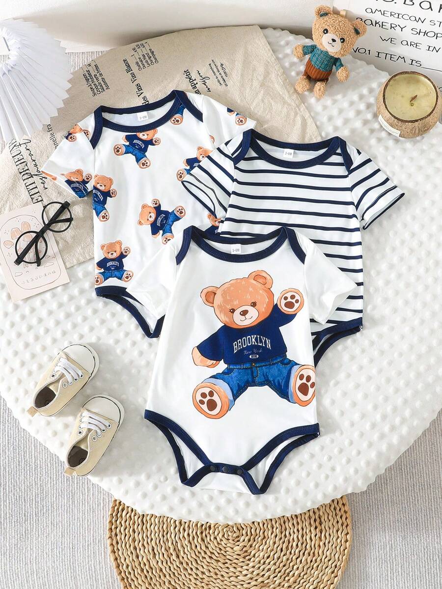 3 kom/set bebi body majice sa slatkim printom patke, udobne i lake za oblačenje, kratkih rukava