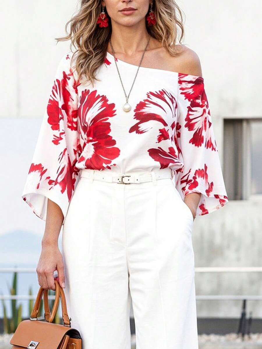 Balvessa Women's Floral Print Asymmetrical Shoulder Short Sleeve Blouse
