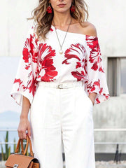 Balvessa Women's Floral Print Asymmetrical Shoulder Short Sleeve Blouse