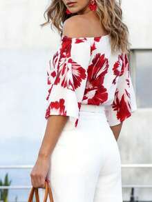 Balvessa Women's Floral Print Asymmetrical Shoulder Short Sleeve Blouse