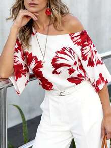 Balvessa Women's Floral Print Asymmetrical Shoulder Short Sleeve Blouse