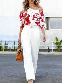 Balvessa Women's Floral Print Asymmetrical Shoulder Short Sleeve Blouse