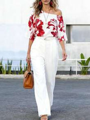 Balvessa Women's Floral Print Asymmetrical Shoulder Short Sleeve Blouse