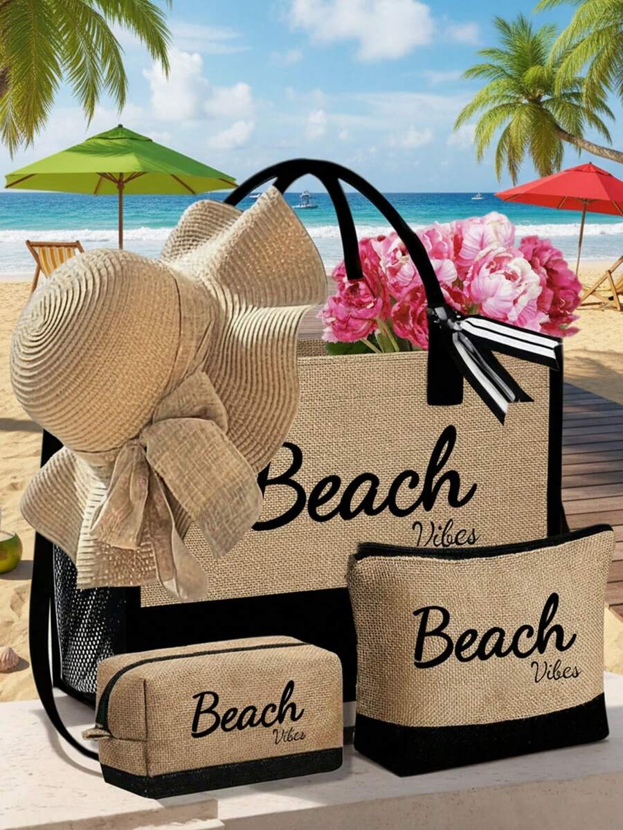 Crno-bež "Beach Please" set od 4 komada sa plažnom torbom