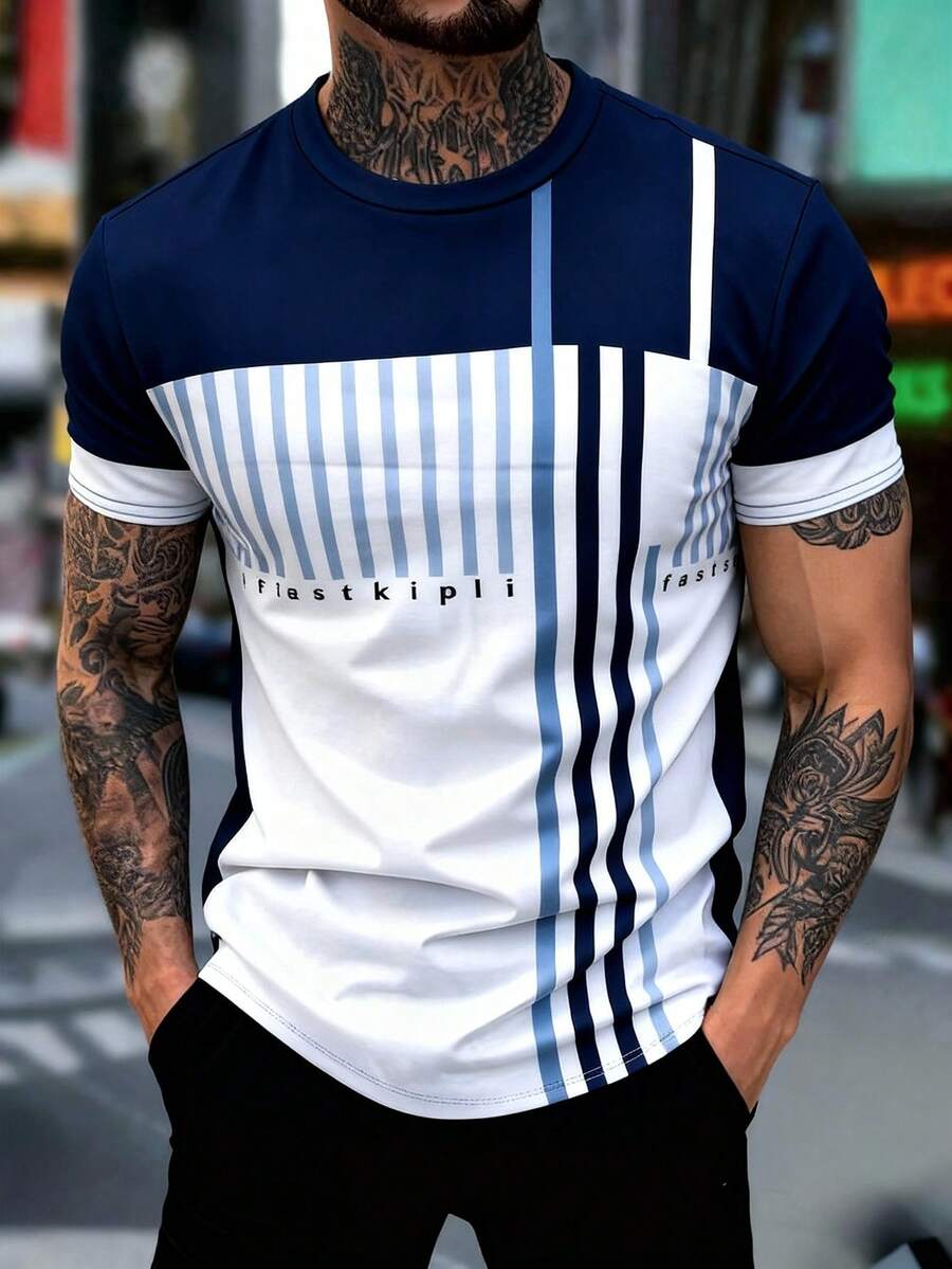 Muška ležerna letnja majica kratkih rukava sa okruglim izrezom i blok-bojama, streetwear stil