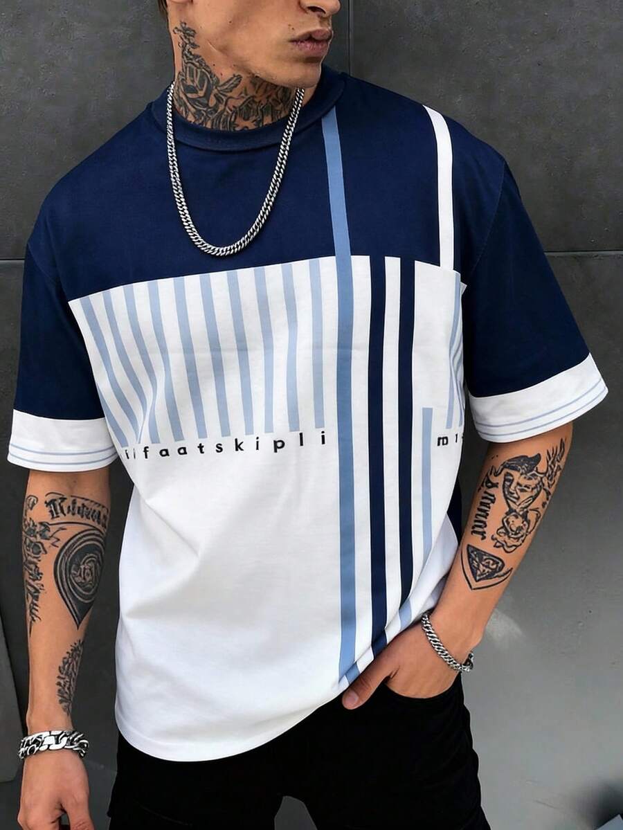 Muška ležerna letnja majica kratkih rukava sa okruglim izrezom i blok-bojama, streetwear stil