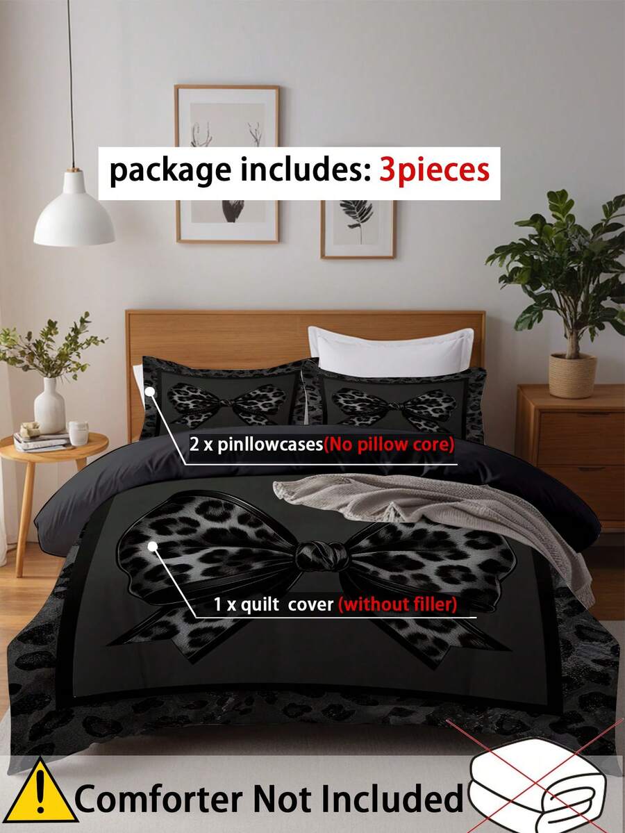 Set posteljine sa leopard printom i mašnom, 3 komada (1 navlaka za jorgan + 2 jastučnice, jorgan nije uključen)