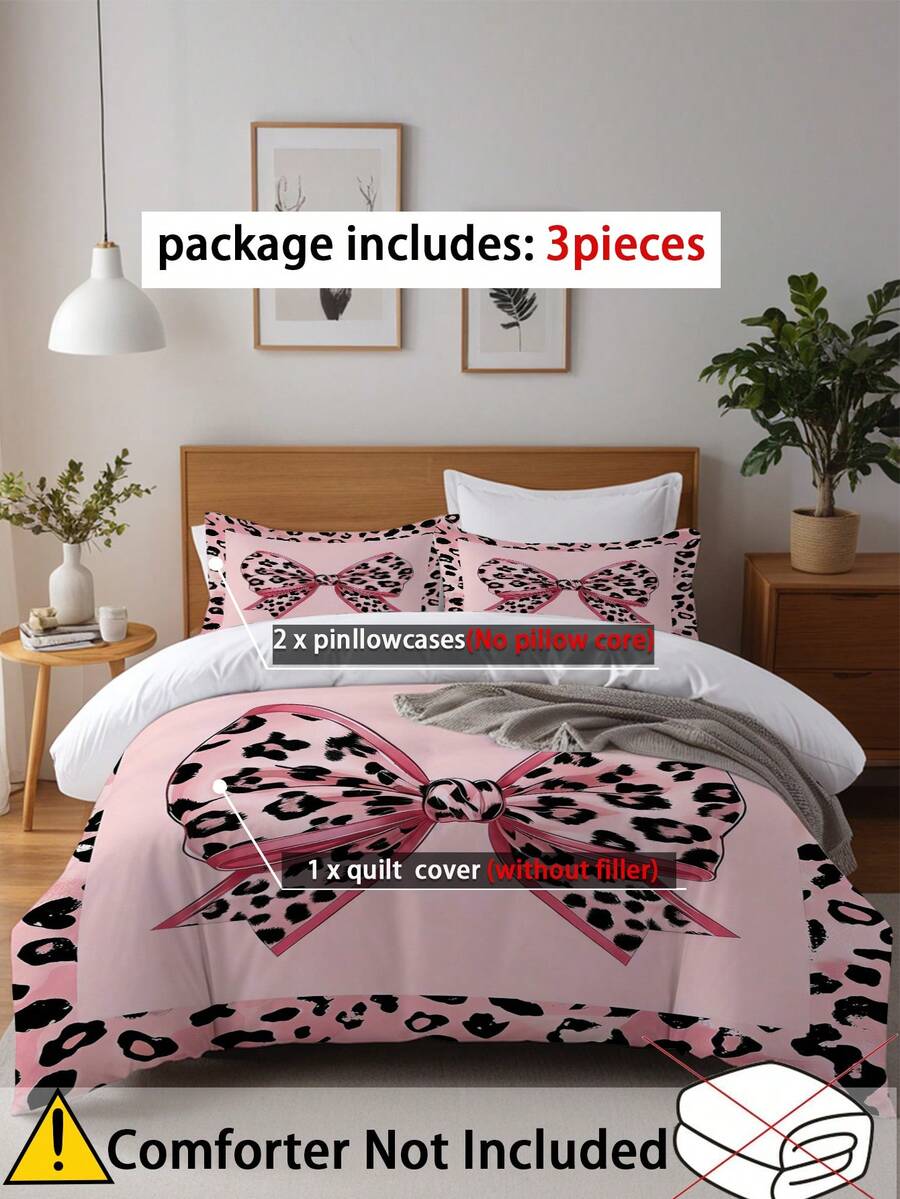 Set posteljine sa leopard printom i mašnom, 3 komada (1 navlaka za jorgan + 2 jastučnice, jorgan nije uključen)