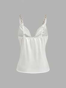 Franclia Women's Elegant White Summer Satin Camisole, Seductive Night Out Party Plunging Neckline Rhinestone Strap Decorated Draped Top, 2026 Ivory Cami