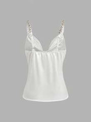 Franclia Women's Elegant White Summer Satin Camisole, Seductive Night Out Party Plunging Neckline Rhinestone Strap Decorated Draped Top, 2026 Ivory Cami