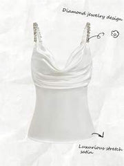Franclia Women's Elegant White Summer Satin Camisole, Seductive Night Out Party Plunging Neckline Rhinestone Strap Decorated Draped Top, 2026 Ivory Cami