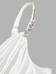 Franclia Women's Elegant White Summer Satin Camisole, Seductive Night Out Party Plunging Neckline Rhinestone Strap Decorated Draped Top, 2026 Ivory Cami