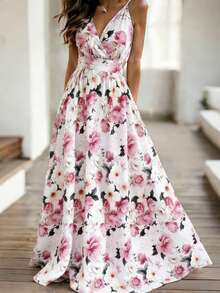 EMERY ROSE Women's V-Neck Floral Print Waist Cinched Long Sleeveless Dress