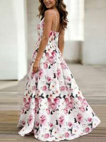 EMERY ROSE Women's V-Neck Floral Print Waist Cinched Long Sleeveless Dress