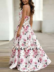 EMERY ROSE Women's V-Neck Floral Print Waist Cinched Long Sleeveless Dress