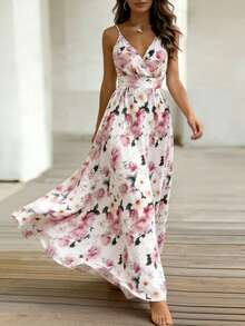 EMERY ROSE Women's V-Neck Floral Print Waist Cinched Long Sleeveless Dress