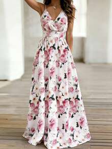 EMERY ROSE Women's V-Neck Floral Print Waist Cinched Long Sleeveless Dress