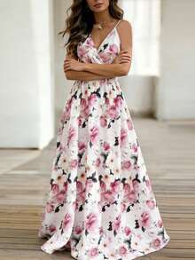 EMERY ROSE Women's V-Neck Floral Print Waist Cinched Long Sleeveless Dress