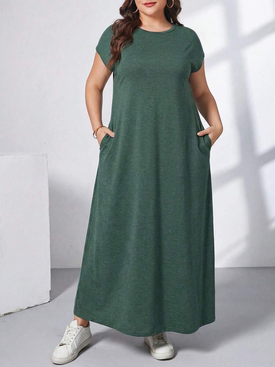 Ženska ležerna haljina plus size, jednobojna, sa okruglim izrezom, kratkim rukavima i džepom