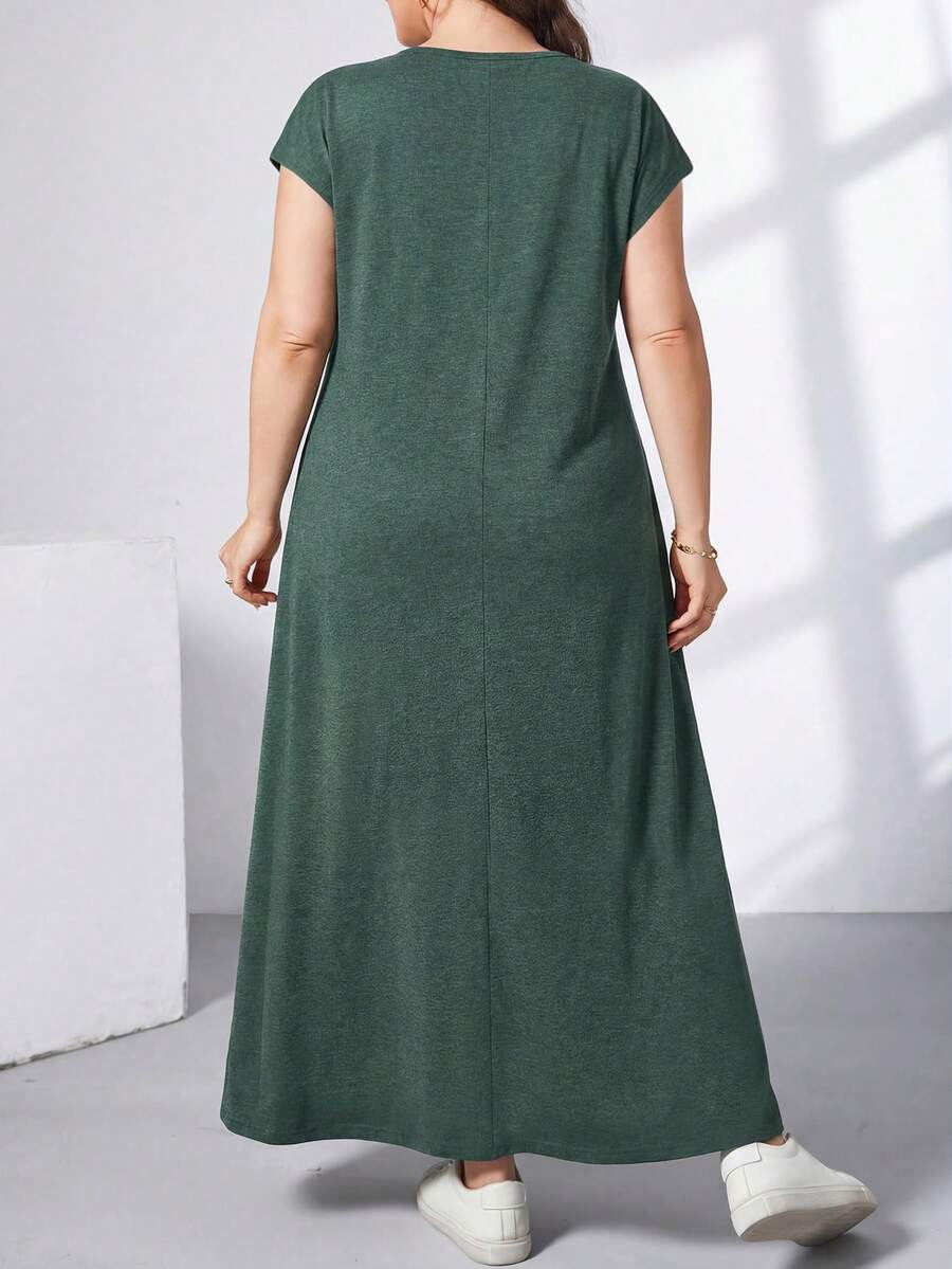 Ženska ležerna haljina plus size, jednobojna, sa okruglim izrezom, kratkim rukavima i džepom