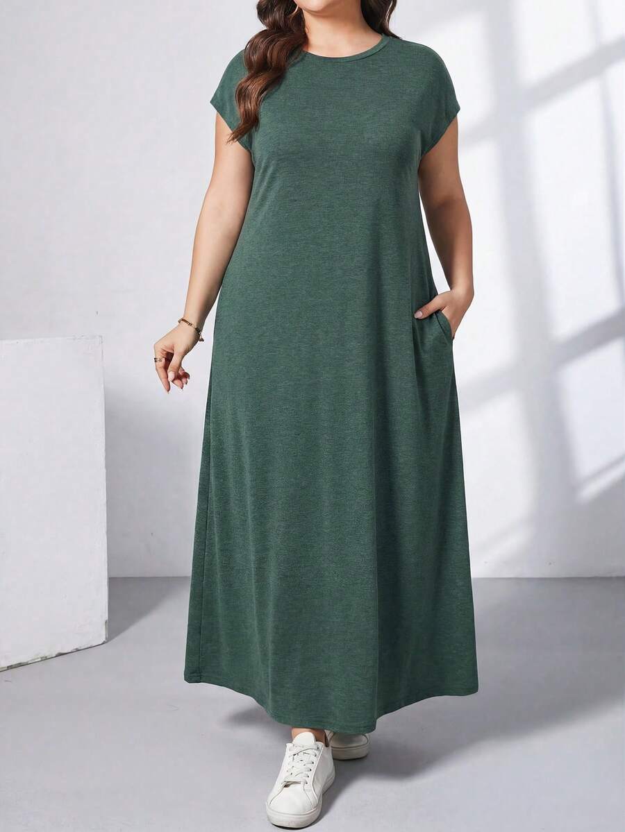 Ženska ležerna haljina plus size, jednobojna, sa okruglim izrezom, kratkim rukavima i džepom