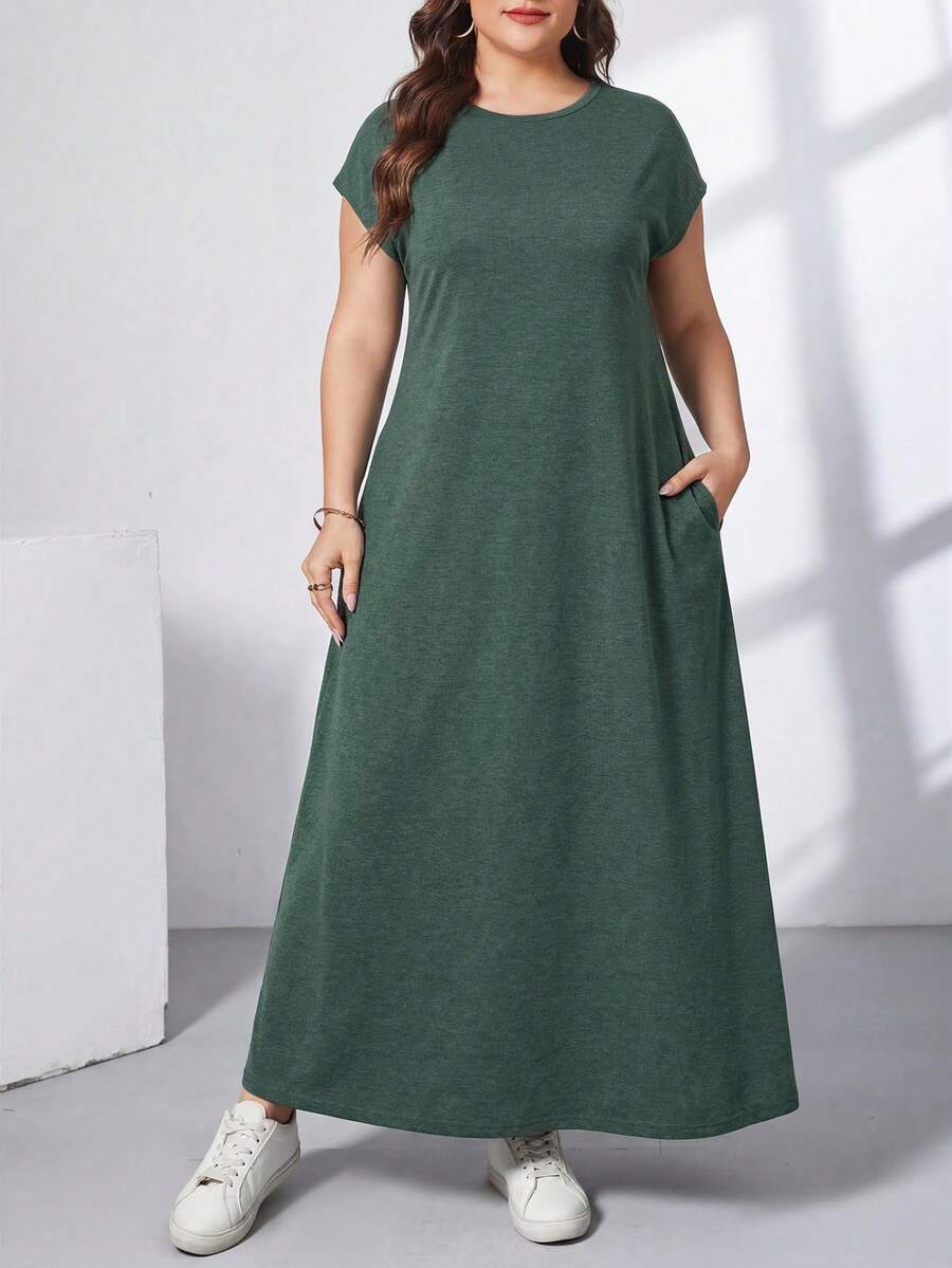 Ženska ležerna haljina plus size, jednobojna, sa okruglim izrezom, kratkim rukavima i džepom