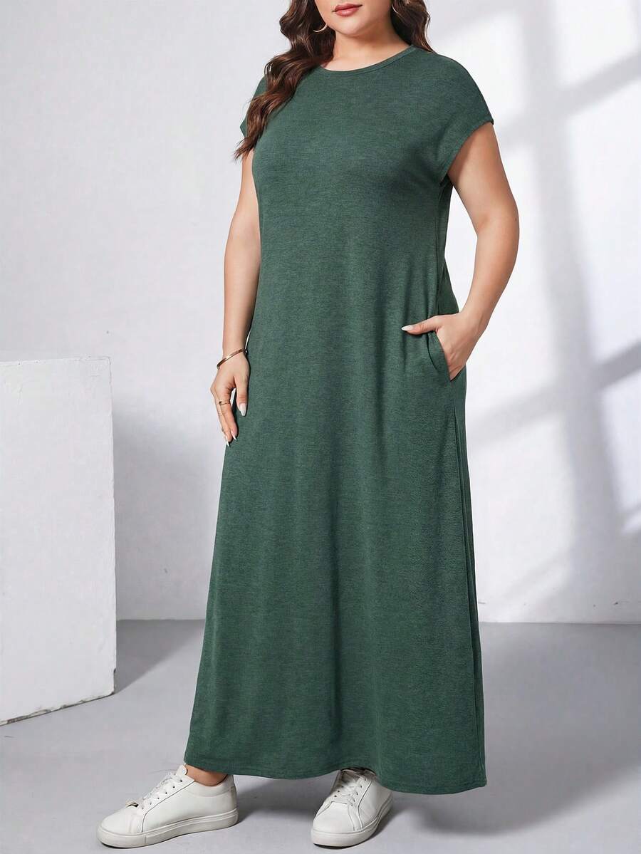 Ženska ležerna haljina plus size, jednobojna, sa okruglim izrezom, kratkim rukavima i džepom