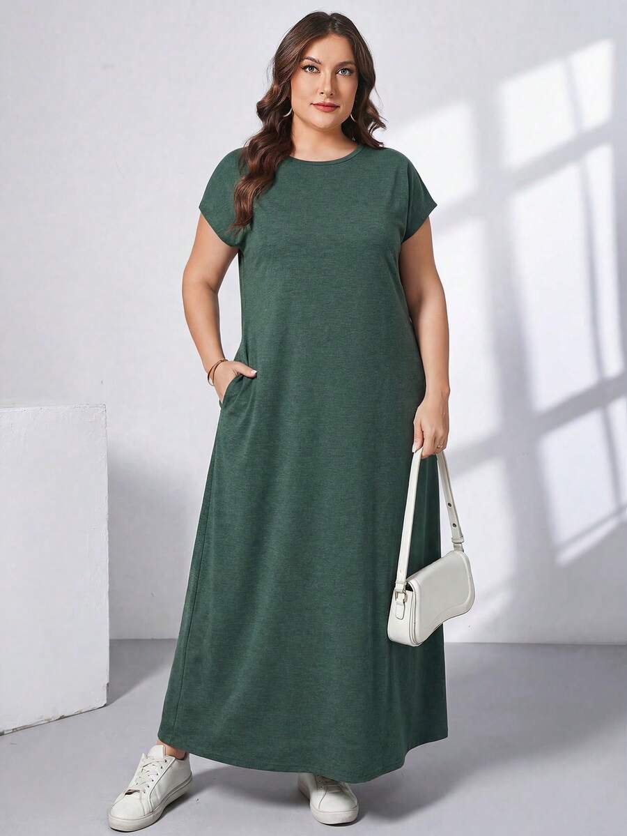 Ženska ležerna haljina plus size, jednobojna, sa okruglim izrezom, kratkim rukavima i džepom