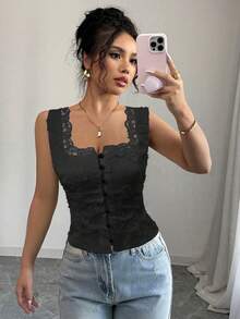 Selianne Women's Black Summer Elegant Night Out Sleeveless Camisole,Waist Cinching Back Lace-Up Floral Embroidery Solid Color Blouse Music Festival
