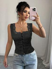 Selianne Women's Black Summer Elegant Night Out Sleeveless Camisole,Waist Cinching Back Lace-Up Floral Embroidery Solid Color Blouse Music Festival