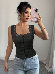 Selianne Women's Black Summer Elegant Night Out Sleeveless Camisole,Waist Cinching Back Lace-Up Floral Embroidery Solid Color Blouse Music Festival