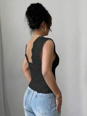 Selianne Women's Black Summer Elegant Night Out Sleeveless Camisole,Waist Cinching Back Lace-Up Floral Embroidery Solid Color Blouse Music Festival