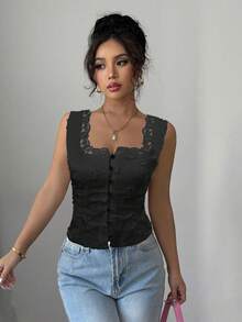 Selianne Women's Black Summer Elegant Night Out Sleeveless Camisole,Waist Cinching Back Lace-Up Floral Embroidery Solid Color Blouse Music Festival