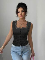 Selianne Women's Black Summer Elegant Night Out Sleeveless Camisole,Waist Cinching Back Lace-Up Floral Embroidery Solid Color Blouse Music Festival