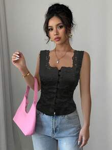 Selianne Women's Black Summer Elegant Night Out Sleeveless Camisole,Waist Cinching Back Lace-Up Floral Embroidery Solid Color Blouse Music Festival