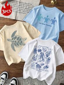 3pcs/Set Women's New Casual Colorful Letter, Seascape, Turtle, Crab, Shell, Jellyfish Graphic Print Round Neck Short Sleeve T-Shirt, Versatile For Women's Spring/Summer Vacation & Leisure Wear