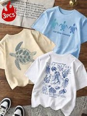 3pcs/Set Women's New Casual Colorful Letter, Seascape, Turtle, Crab, Shell, Jellyfish Graphic Print Round Neck Short Sleeve T-Shirt, Versatile For Women's Spring/Summer Vacation & Leisure Wear