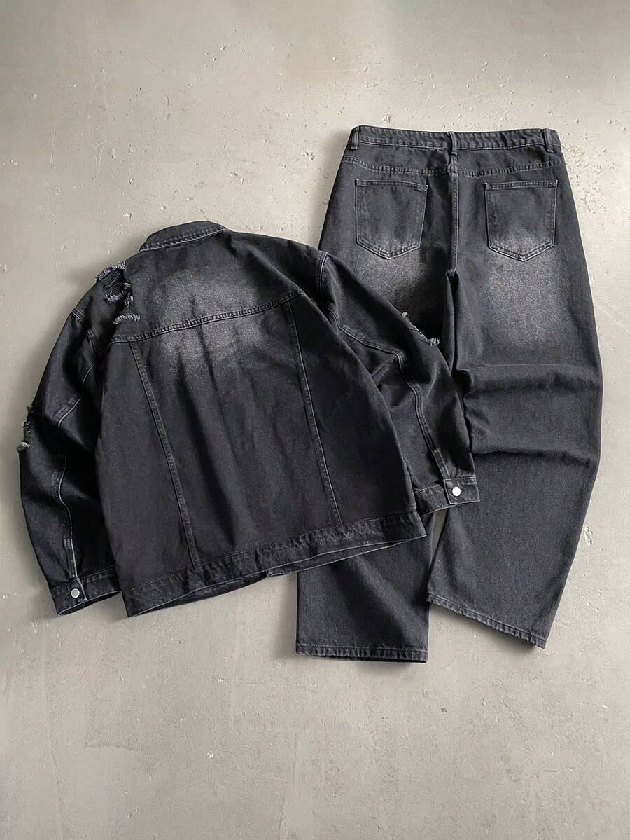 Muški teget teksas set od 2 dela, ležerna jakna i široke pantalone, za proleće/jesen