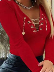 1pc Solid Color Ribbed Metal Chain Ribbed Metal Eyelet Long Sleeve T-Shirt, Casual Wear For Women, Spring/Autumn Red