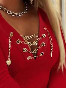 1pc Solid Color Ribbed Metal Chain Ribbed Metal Eyelet Long Sleeve T-Shirt, Casual Wear For Women, Spring/Autumn Red