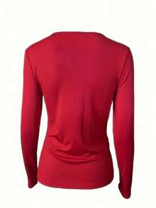 1pc Solid Color Ribbed Metal Chain Ribbed Metal Eyelet Long Sleeve T-Shirt, Casual Wear For Women, Spring/Autumn Red