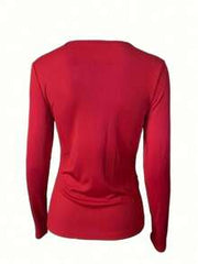 1pc Solid Color Ribbed Metal Chain Ribbed Metal Eyelet Long Sleeve T-Shirt, Casual Wear For Women, Spring/Autumn Red