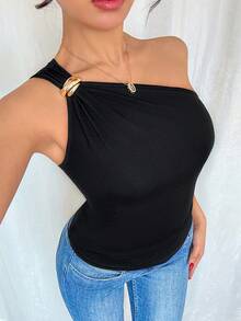 Franclia Women's Black Metallic Pleated Sleeveless One Shoulder Top,Elegant Structured Blouse For Summer,Party Night,Black N Gold