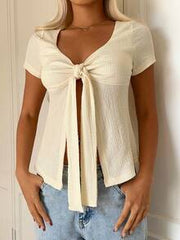 CovetEZ Women's Cream White Elegant Seksi Chic Night Out Summmer Top,Front Tie-Up Bow Strap Short-Sleeved Split Stretch Jacquard T-Shirt,Pure Sweet Fashion