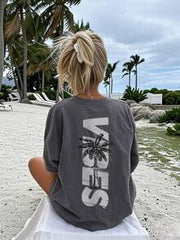 Women's Minimalist Coconut Tree Slogan Print Casual Round Neck Short Sleeve T-Shirt