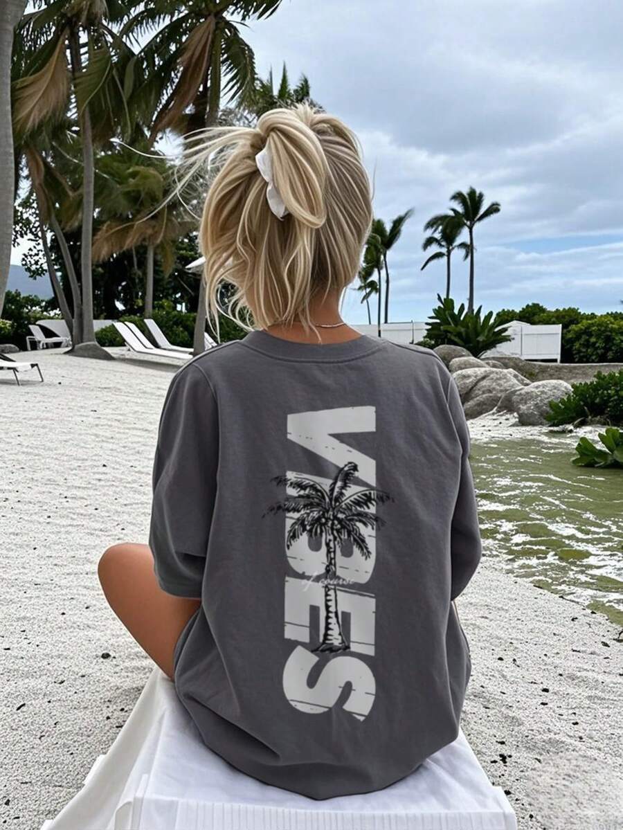 Women's Minimalist Coconut Tree Slogan Print Casual Round Neck Short Sleeve T-Shirt