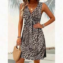 Solstice Apparel Classic Leopard Print Twist Front V-Neck Sleeveless Cinched Waist A-Line Dress