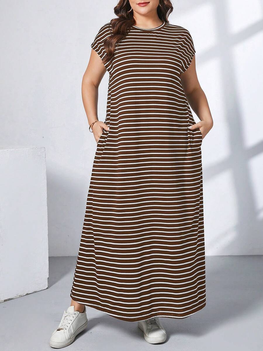 Ženska ležerna haljina plus size, jednobojna, sa okruglim izrezom, kratkim rukavima i džepom