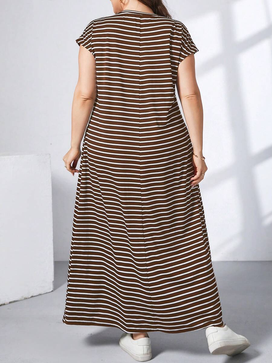 Ženska ležerna haljina plus size, jednobojna, sa okruglim izrezom, kratkim rukavima i džepom